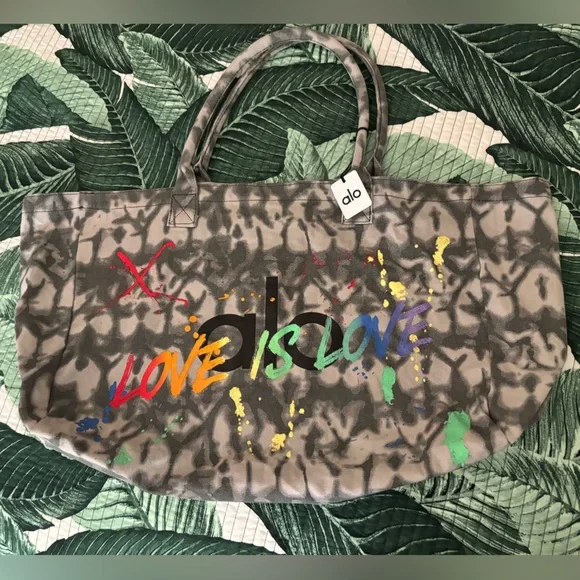 Alo Gray Tie-Dye Tote Bag with Colorful Print LOVE IS LOVE - Picture 1 of 6